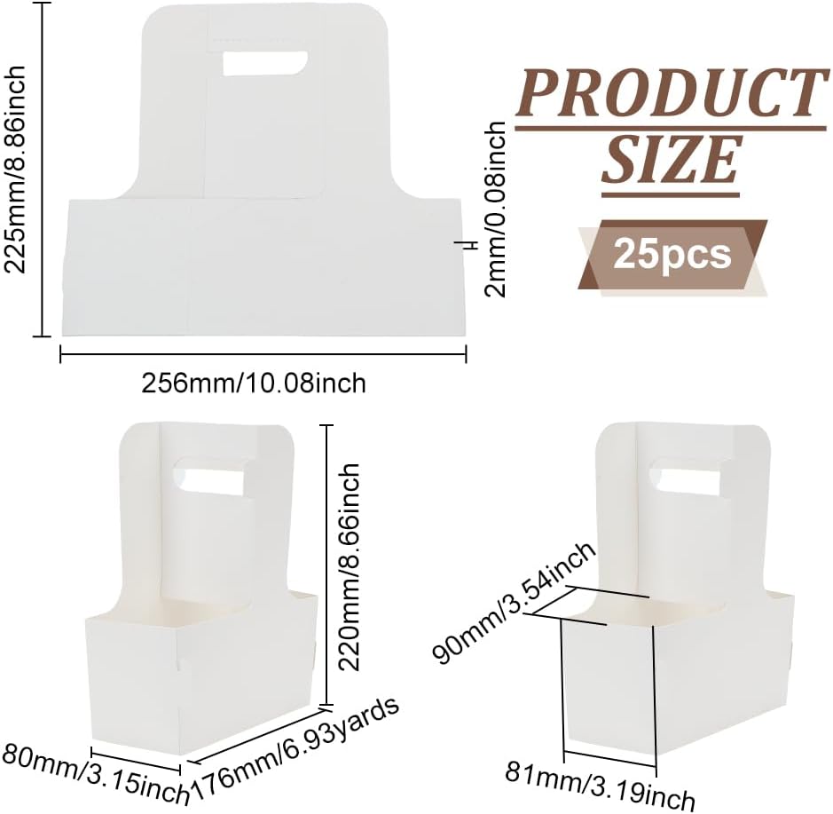 BENECREAT 25Pcs 2-Cup White Drink Carrier Handle, Paperboard Cup Holder Coffee Cup Holder for Drinks, Takeout, Cafe and Restaurant Food Service Delivery, 6.9x3.2x8.7 Inch