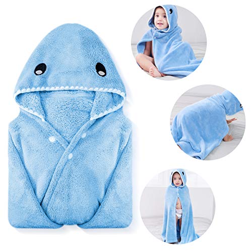 Badetücher für Kinder,Premium Kapuzen Handtücher für Kleinkinder Hochsaugfähiger Coral Fleece-Bademantel für Jungen Mädchen-140X70MM (Blauer Hai)