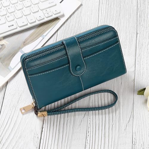 Image of Wristlet Women's Wallet Phone Purse RFID Blocking Large Capacity Card Holder Leather Blue