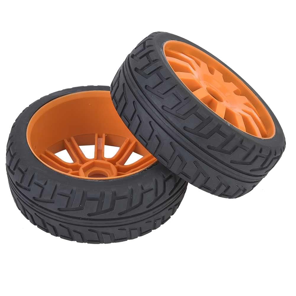 equlup 2Pcs RC Wheel Tire, 100mm/3.9in Diameter Wheel Rim Hub Tires Replacement Rubber Tyres for 1/8 On Road Racing RC Car Accessory (Orange)