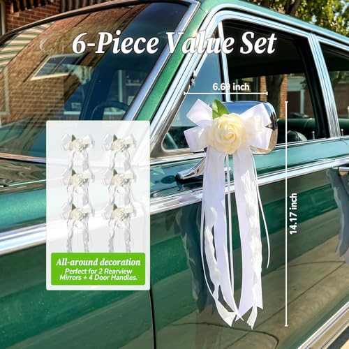 Image of 6PCS Wedding Car Door Handle Flowers, White Artificial Cars Rearview Mirror Bouquet Flower Bowknot Ribbon Decors, Just Married Automotive Decoration Accessories for Door Handles and Rearview Mirrors
