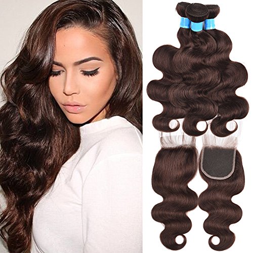 July Queen Virgin Brazilian Human Hair 3 Bundles with 4x4 Lace Closure Body Wave Dark Brown Human Hair Weaves Extensions with Closure(20/22/24+18 Inch,Dark Brown 2#)