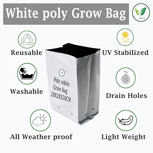 Image of IAgriFarm UV Treated Poly Grow Bags, 28 * 28 * 50cms, Pack of 50, White & Black, for Home Gardening