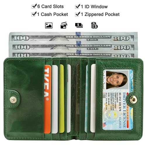 Itslife Women's Rfid Blocking Small Compact Bifold Leather Pocket Wallet Ladies Mini Purse with id Window (Waxed Dark Green)2