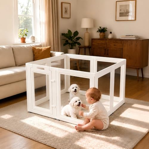 Image of EVERFRONT Clear Acrylic Dog Playpen - Clear Dog Play Pen - Easy Assemble Acrylic Dog Playpen - Puppy Playpen, Cat Playpen, Small Animal Playpen, Dog Play Pen Indoors (24 inch, 8-Pack)