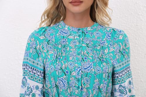Image of Women Boho High-Waist Floral Print Maxi Dress 3 /4 Sleeve Casual | Soft Rayon, Breathable, Quick-Dry. High-Waist with Adjustable Belt, Flattering Hem. Ideal for Beach, Work & Dating.