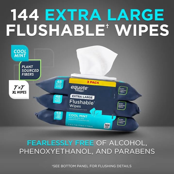 Equate Extra Large Flushable Wet Wipes, Cool Mint Scent, Plant Sourced Fibers, 7 x 7 Inch, 144 Count, 3 Pack