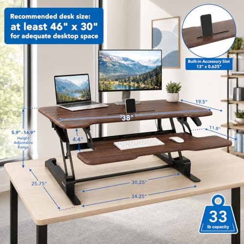 Image of Mount-It! Large 38 Inch Standing Desk Converter, Sit Stand Desk Riser for Dual Monitors with Keyboard Tray, Height Adjustable Desktop Workstation, Easy Lift Gas Spring, Rustic Walnut Brown