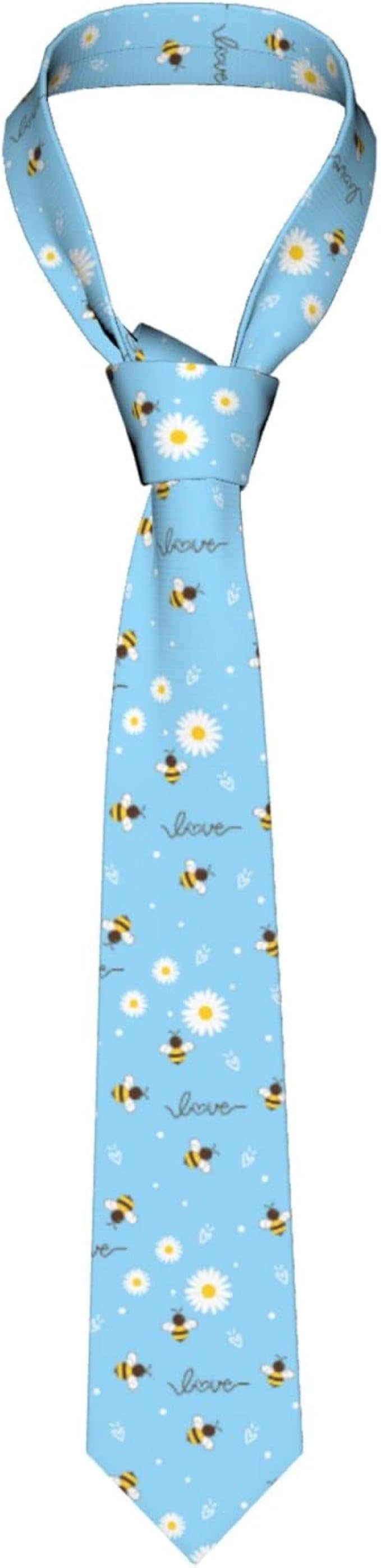 Amazon メンズ ネクタイ 青の背景に飛んでいる蜂とデイジーの花 かわいい漫画のキャラクター 洗える 傾向 人気 ビジネスに 結婚式 就職活動 プレゼント 父の日 誕生日プレゼント ネクタイ 通販