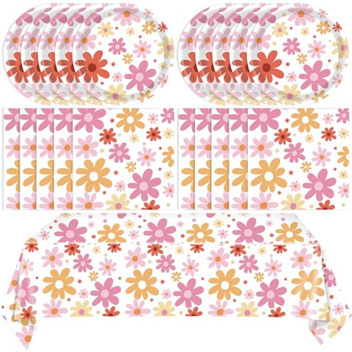 Image of 41PCS Groovy Daisy Birthday Party Decorations Retro Hippies Flower Disposable Tableware Include Daisy Plates and Napkin and Daisy Tablecloth Party Supplies for 70s Boho Birthdays Baby Showers Weddings