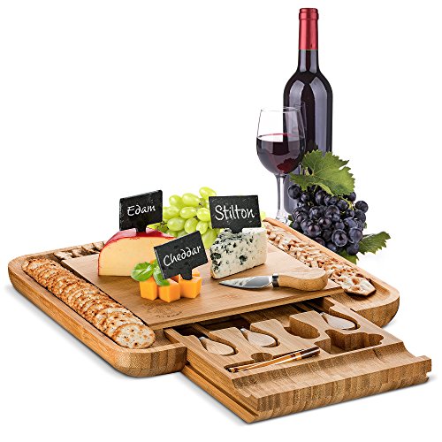 Bamboo Cheese Board with Cutlery Set - Wooden Charcuterie Tray Includes 4 Serving