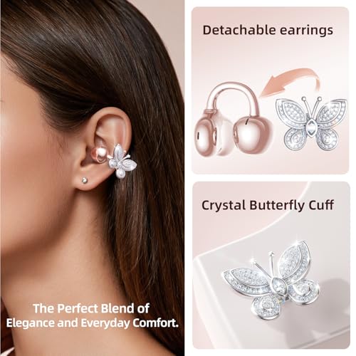 Kinglucky Clip-On Open Ear Earbuds with Detachable Butterfly Earrings, Bluetooth 6.0 Wireless Headphones for Women, 40H Playtime, Comfortable Fit for Small Ears, Sports, Glasses Wearers, Rose Gold - image 2