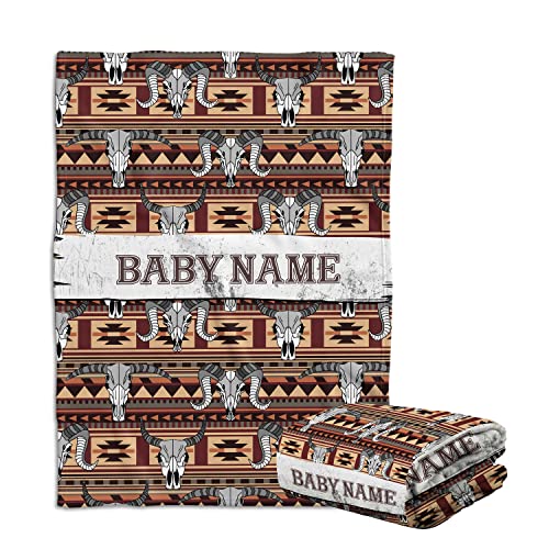 Cowboy Baby Blankets, Personalized Baby Blankets for Boys, Baby Western Blanket for Baby Boys Girl, Skull Longhorn Custom Baby Blankets Name, Tribal Pattern Fleece Blankets for Infant Newborn