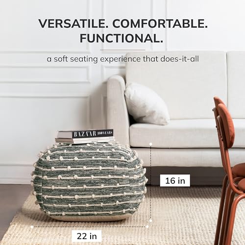 Anji Mountain 100% Handmade & Handcrafted Comfortable Home Décor Pouf Ottoman Footrest for Living Room, Bedroom, Nursery, Kidsroom, Patio Furniture - (22\" x 22\" x 16\"- Green,Ivory) - Thumbnail 3
