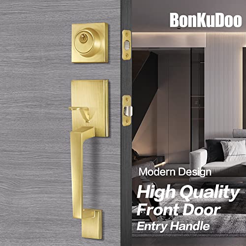 Bonkudoo Entry Front Door Handle, Satin Brass Square Front Door Lock Set With Single Cylinder Deadbolt And Low Half Lever #TOP2