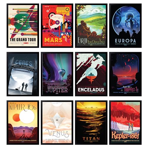 97 Decor Weltraum-Dekoration für Jungenzimmer – Vintage-Poster für Schlafzimmer, Männer, Sci-Fi-Planeten, ästhetisch, Retro-Wandkunstdrucke, Futurismus-Astronomie-Bilder für Kinder (17,8 x 25,4 cm