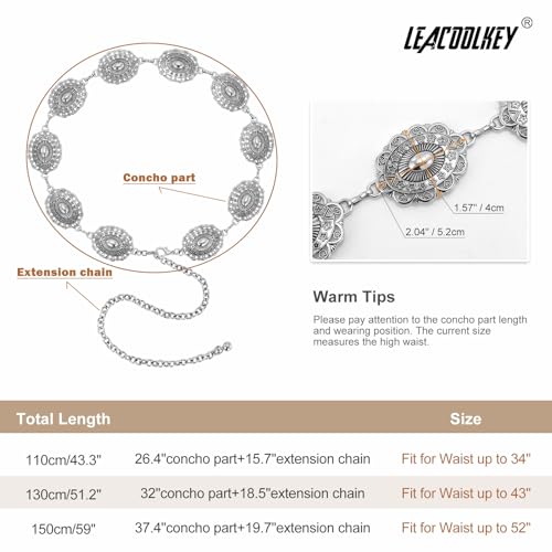 Image of LEACOOLKEY Women Turquoise Concho Chain Waist Belt Silver Western Cowgirl Metal Chain Belt for Dress Adjustable
