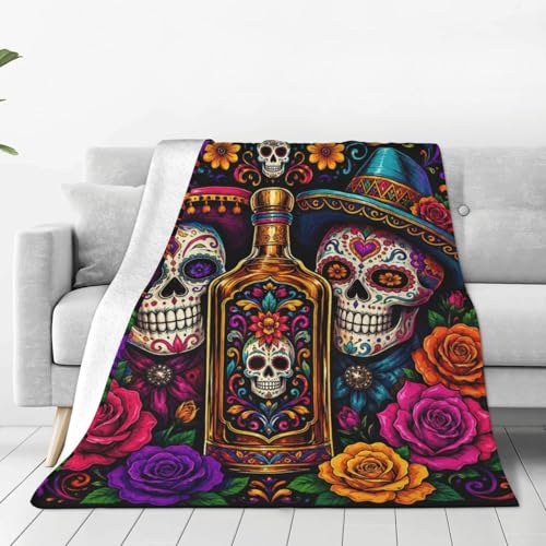 Sugar Skull Blanket, Day of The Dead Throw Blanket, Dia De Los Muertos Gifts, Skull Blankts, Mexican Stuff Fleece Flannel Plush for Women Men Adult, Soft Bedding for Sofa Bed Office Home Decor 50"X60"
