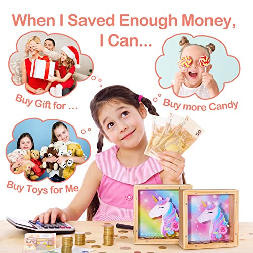 Image of ICOSY Piggy Bank for Kids, Wooden Framed Coin Bank | Personalized Money Box for Kids with DIY Name Alphabet Stickers and Clear Acrylic Window for Money Saving