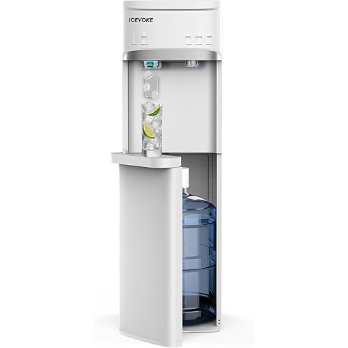 Self-Cleaning Water Dispenser with Ice Maker, Bottom Loading Hot and Cold Water Cooler for 5 Gallon Bottle - Includes Child Safety Lock & Nightlight - Water Machine for Home, Office, White