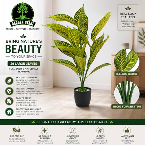 Image of Artificial Yellow Calathea Plant with White Pot - 50 cm Tall Faux Tropical Decorative Plant with 26 Leaves for Home, Office & Living Room Decor