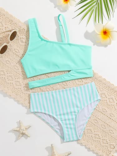 Wdirara Toddler Girl's Striped Cut Out Asymmetrical Neck Bikini Swimsuit Two Piece Bathing Suit Green 5Y #TOP4