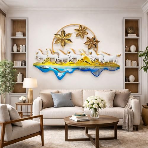 Image of SHREE 'O' GREEN TECH - Metal Handpainted Seven Horse Wall Hanging Multicolor Modern Showpiece for Stylish Interiors Wall Art for Home Decor, Living Room, Bedroom & Office (Size 50x31 Inch)