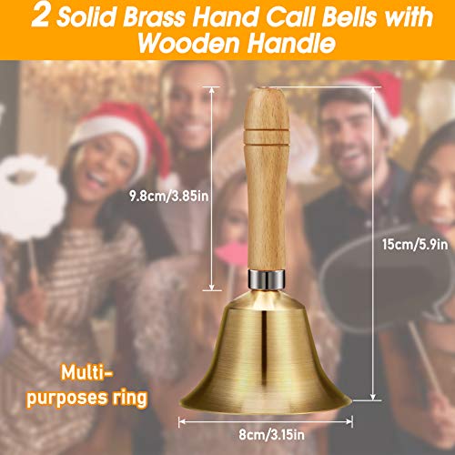 2 Pieces Solid Brass Hand Call Bells With Wooden Handle Handbells Loud Ringing Bell Solid Brass Wooden Handle Bell Hand Held Service Bell Animal Bell Decoration (3.15 X 3.15 X 5.9) #TOP2