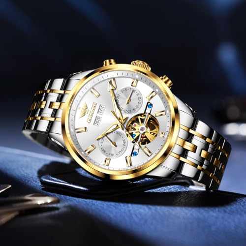 Image of OLEVS Men Self Winding Watch Skeleton Mechanical Classic Luxury Relojes para Hombres Automaticos Silver Calendar Stainless Steel Waterproof Wrist Watches for Man