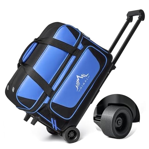 GoHimal Double Roller 2 Ball Bowling Bag with Separate Shoe Compartment for Bowling Shoes (Up To US Mens Size 15) and Oversized Accessory Pocket, Retractable Handle - Extends to 40" (Black-Blue)