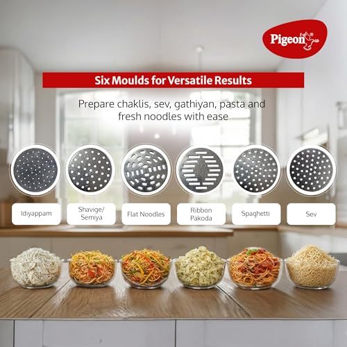 Image of Pigeon Instamami Automatic Noodle Maker with 6 Moulds | Cordless Type-C Idiyappam & Pasta Maker | Portable Handheld Noodle Press | Cream