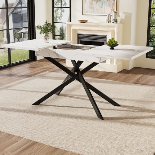 Table de salle à manger extensible 120-160 cm avec décoration en marbre, table de cuisine pour 6 à 8 personnes avec fonction télescopique et pieds en métal croisé, blanc/noir