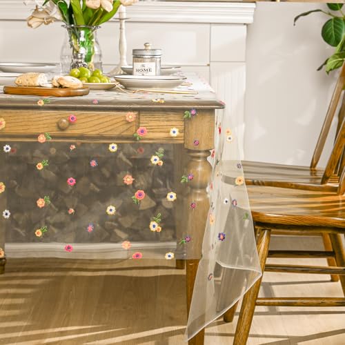 Horaldaily Champagne Embroidery Floral Spring Summer Gauze Tablecloth 60×84 Inch Rectangular, Wildflower Seasonal Tulle Table Cover, Garden Party Decor for Wedding, Party, Holiday Dining by Horaldaily - Used condition - Image 4