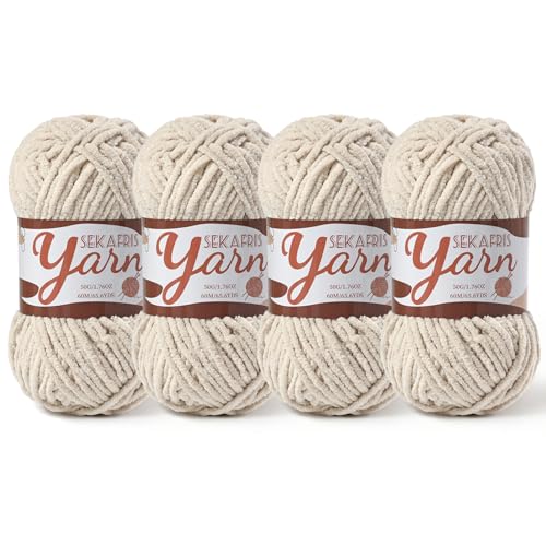 Image of 4 Pack Fluffy Velvet Yarn for Crocheting，Baby Blanket Yarn for Crocheting Soft，200g(262.4yds) Amigurumi Yarns，Plush Chenille Crochet Yarns，Puzzle Yarn for Crochet Weaving Craft(4 Light Khaki)
