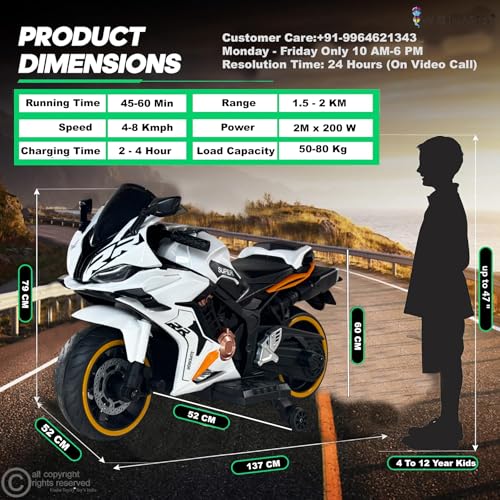 Image of Wishmaster Fully Assembled Double Seater Ride-On Bike for Kids 2-10 Years with LED Lights, Bluetooth Music, Realistic Sounds, Hand Accelerator, Foot Brake & 6 Months Motor Warranty