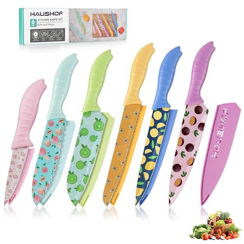 HAUSHOF Kitchen Knife Set, 12-Piece Colorful Knives Set with 6 Sheaths, Non-Stick Coated Stainless Steel Fruit Pattern Blades for Slicing, Dicing&Cutting, Gifts Knife Set for Dad, Mom Fruity