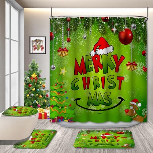4 Pcs Green Merry Christmas Shower Curtain Sets, Winter Xmas New Year Tree Dog Holiday Bath Decor, Snowflakes Home Bath Bathtub Fabric Machine Washable with 12 Hooks, 72x72Inch