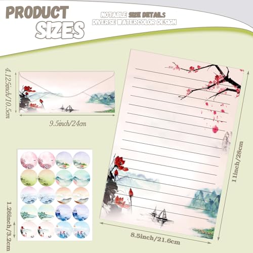 Image of TaoBary 160 Pcs Ink Painting Stationery Paper and Envelopes Set 50 Double Sided Lined Stationery Paper with 50 Matching Envelopes and 60 Round Dot Sticker 8.5 x 11'' Letter Writing Kit, 10design