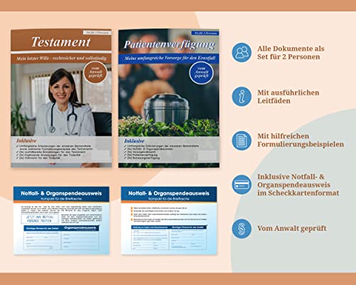 2 x Vorsorgeunterlagen - Patientenverfügung, Vorsorgevollmacht, Betreuungsverfügung, Testament | Mapppe für Gesundheitsdokumente | Auflage 2026