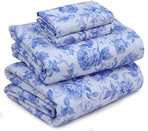 RUVANTI Silky Soft Full Size Sheet Sets - 4 Pieces Luxury Sheets - All Season Breathable Full Size Sheets - 15" Deep Pocket Snug Fit Bed Sheets - Cozy & Comfy Hotel Sheets - Blue Floral