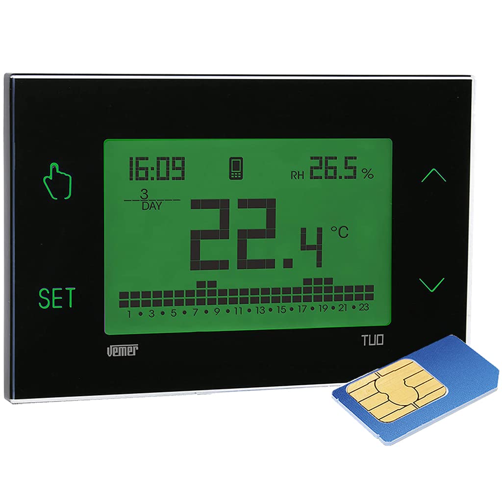 VEMER VE771900 TUO GSM - Cronotermostato GSM con Programmazione Settimanale, Installazione da Parete, Controllabile da Smartphone con APP, Nero