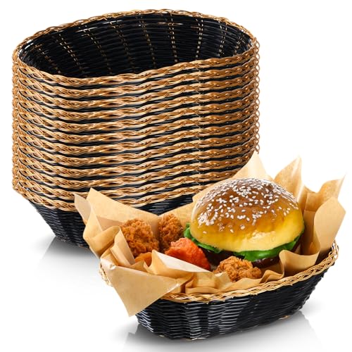 Yalikop 12 Pack Wicker Bread Basket 9 x 6 x 2.6 Inch Woven Serving Basket Oval Poly Wicker Storage Tray for Kitchen, Holiday Gifts, Centerpiece Display, Storing Bread, Snacks, Fruits, Vegetables