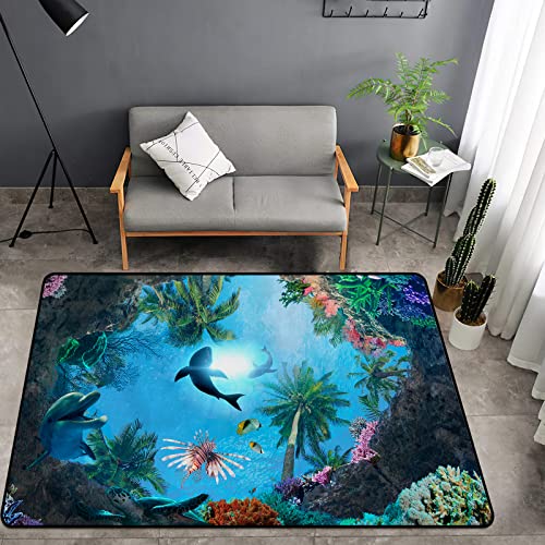 Washable Area Sponge Rug Pad for Kids Girls Boys Bedroom Living Room Ocean, Underwater World Dolphins Turtles Sharks Non-Slip Carpet Super Soft Extra Thick Bathroom Dorm Home Indoor Small Floor Rugs