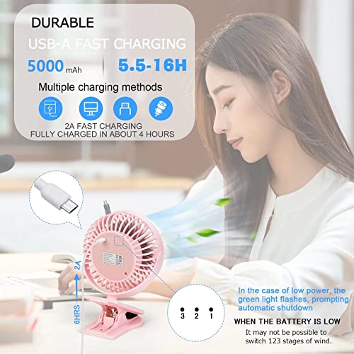 Aogeli Clip Fan,Mini Portable Fan With Clip, Clip On Fan For Bed,3 Speeds Personal Fan,5000 Mah Rechargeable Battery Operated Fan, 360°Rotate Desk Fan For Home Office Travel Stroller Camping Pink #TOP5