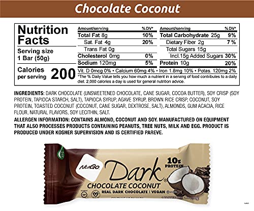 Image of NuGo Dark Chocolate Coconut, 10g Protein Bar, Vegan, Gluten Free, Non-GMO, Kosher Pareve, 12 Count