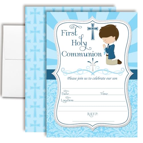 First Holy Communion Religious Party Invitations for Boys (Light Skin,