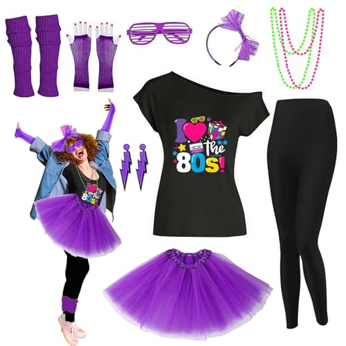 80s Outfit Women Costume Accessories Set T Shirt Shorts Tutu Skirt Neno Party Leg Warmers Headband