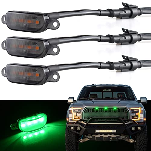 Boigoo Truck Front Grille Light 3PCS 4LED Compatible for Dodge Ram 1500 2013-2018 & Ford F-150 Raptor 2004-2019, Under Hood Lights Grid Grilles Kits (Green)