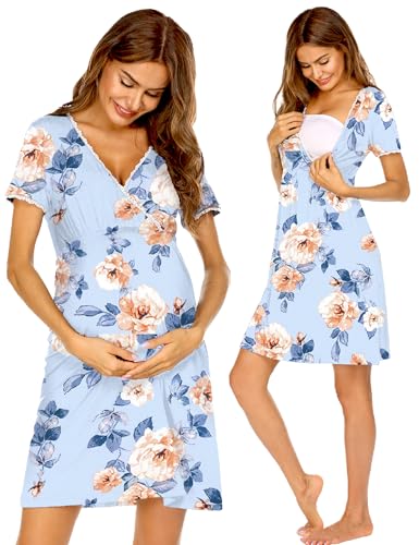 Image of Ekouaer Nursing Nightgown Delivery and Labor Gown for Hospital Short Sleeve Maternity Breastfeeding Dress