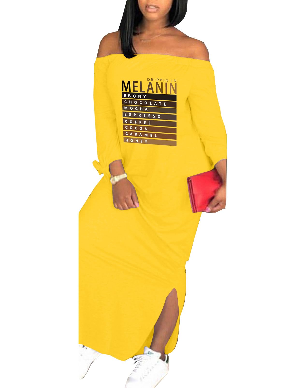 Women's Casual Off Shoulder Maxi Dress - African Print Summer Loose Long Sleeve Tunic T Shirt Dresses with Pockets